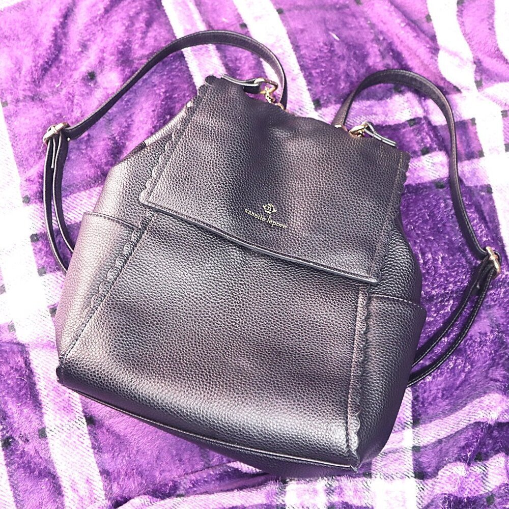 BLACK MINI BACKPACK Nanette Lepore Scalloped Edges Gold Chain Purse Bag Travel